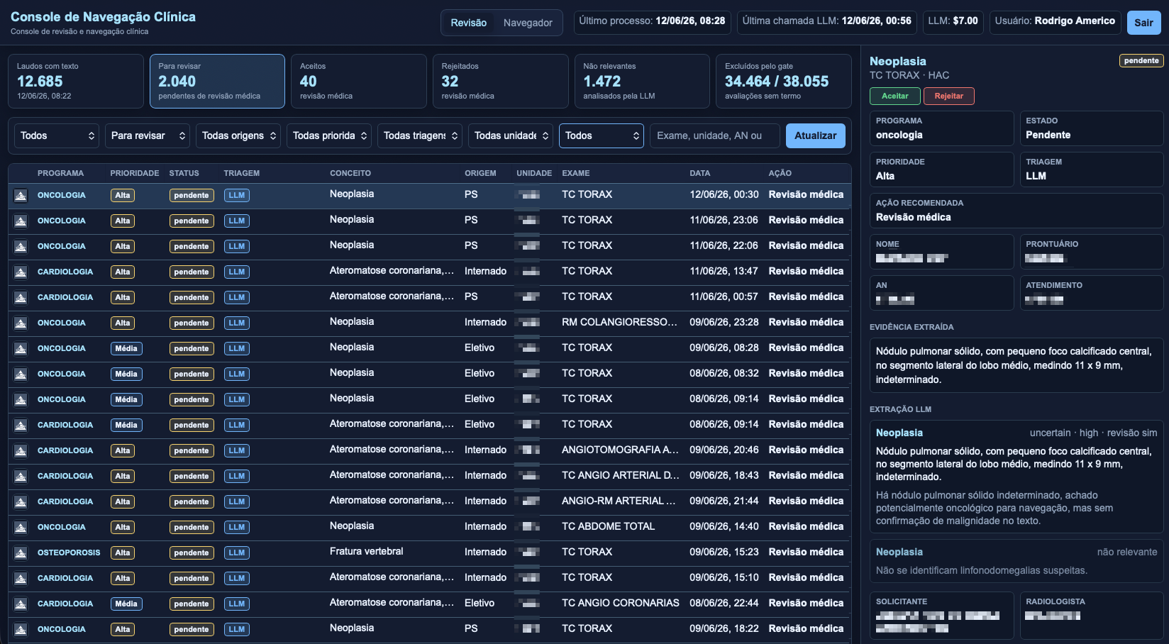 Console de navegação clínica em tema escuro, com lista de casos, filtros, cards de contagem e painel de revisão clínica.